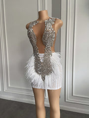 Luxury Sheer Mesh Silver Crystal White Feather Elegant Rhinestone Short Cocktail Dresses For Women