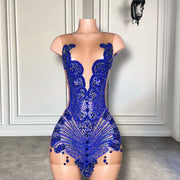 Sheer Sexy See Through Women Birthday Formal Gowns Royal Blue Sparkly Diamond Short Prom Dress