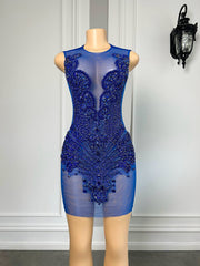 Sheer Sexy See Through Women Birthday Formal Gowns Royal Blue Sparkly Diamond Short Prom Dress