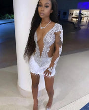 Sparkly Crystals Beaded White Feather Short Prom Dresses Luxury Sheer Long Sleeve Birthday Party Gowns