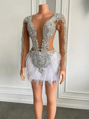 Sparkly Crystals Beaded White Feather Short Prom Dresses Luxury Sheer Long Sleeve Birthday Party Gowns