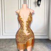 Sparkly Diamond Sexy Sheer See Through Halter Mini Gold Short Prom Dresses For Birthday Party