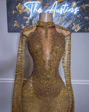 Glamorous Gold Mermaid Prom Dress with Crystal Beading and Cape