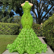 Sparkly Green Lace Mermaid Prom Dresses High Neck Sleeveless Rose Flower Sweep Train Evening Gowns Party Dress