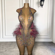 Sparkly Luxury Diamond Women Cocktail Birthday Party Gowns Sexy See Through Feather Short Prom Dresses 2023
