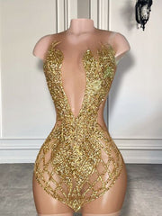 Sparkly Luxury Gold Diamond Rhinestone Birthday Party Gowns Sexy See Through Sheer Mesh Women Short Prom Dresses