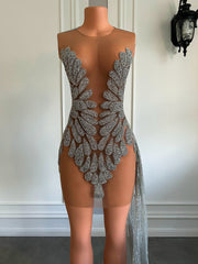 Sparkly Luxury See Through Silver Glitter Beaded Birthday Dress
