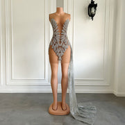 Sparkly Luxury See Through Silver Glitter Beaded Birthday Dress