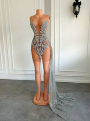 Sparkly Luxury See Through Silver Glitter Beaded Birthday Dress