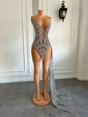 Sparkly Luxury See Through Silver Glitter Beaded Birthday Dress