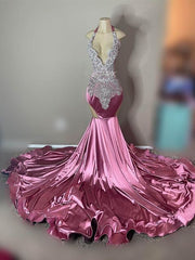 Sparkly Mermaid Crystal Prom Dresses 2023 For Halter Wedding Birthday Party Dress Court Train Robe De Bal