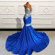Sparkly Sequin Blue Mermaid Long Prom Dresses 2023 Sexy Backless Lace Women Custom Formal Evening Gowns for Graduation Party