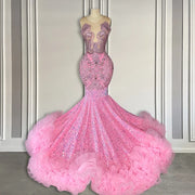 2024 Sparkly Sequin Pink Prom Dress with Ruffles