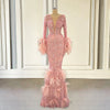 Sparkly Sequin Rose Gold Mermaid Long Prom Dresses for Graduation Party Sheer Mesh Full Sleeves Women Formal Evening Gowns