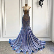 Sparkly Silver Crystals Luxury Diamond Light Blue Velvet Sequined Long Prom Dresses