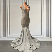 Sparkly Silver Sequin V-Neck Prom Dress