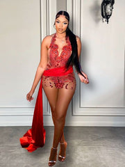 Stunning Sexy See Through Halter Women Birthday Party Gowns Luxury Red Diamond Short Prom Dresses With Train