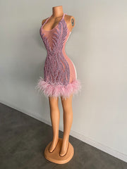 Stunning Sexy See Through Sheer Women Birthday Party Gowns Halter Sparkly Pink Feather Diamond Short Prom Dress