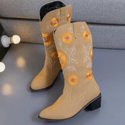 Women Boots Autumn Sunflower Embroider Boots Pointed Toe Slip On