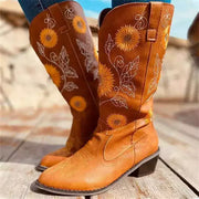 Women Boots Autumn Sunflower Embroider Boots Pointed Toe Slip On