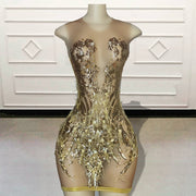 Women Sheer Gold Short Prom Dresses Sparkly Sequin Feathers Mini Cocktail Gowns for Birthday Party Custom Made
