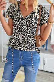 Khaki V-neck Short Sleeve Fashion Print Fantasy Fluttering Blouse