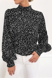 Mock Neck Lantern Sleeve Fashion Print Blouse