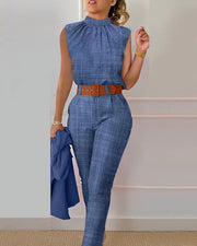 Denim Look Print Ruched Top & High Waist Pants Set