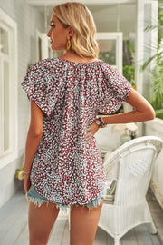 Khaki V-neck Short Sleeve Fashion Print Fantasy Fluttering Blouse