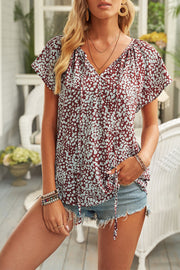 Khaki V-neck Short Sleeve Fashion Print Fantasy Fluttering Blouse