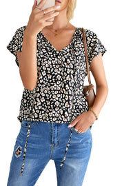 Khaki V-neck Short Sleeve Fashion Print Fantasy Fluttering Blouse