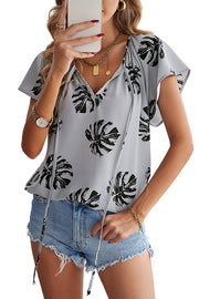 Khaki V-neck Short Sleeve Fashion Print Fantasy Fluttering Blouse