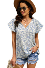 Khaki V-neck Short Sleeve Fashion Print Fantasy Fluttering Blouse