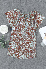 Khaki V-neck Short Sleeve Fashion Print Fantasy Fluttering Blouse