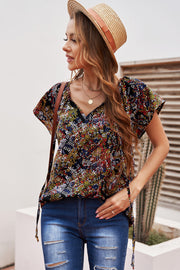 Khaki V-neck Short Sleeve Fashion Print Fantasy Fluttering Blouse