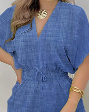 Denim Look Print Batwing Sleeve Romper