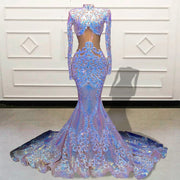 Long Prom Dresses 2022 High Neck Long Sleeve Sparkly Colorful Sequined Mermaid Prom Gala Gowns