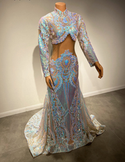 Long Prom Dresses 2022 High Neck Long Sleeve Sparkly Colorful Sequined Mermaid Prom Gala Gowns