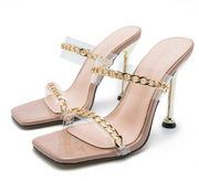 Eilyken Summer Fashion Chain Decoration PVC Transparent Strap Ladies Slippers Square Toe Sandals Women Stiletto High Heels Shoes