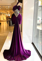 Long Elegant Evening Dress 2022 One Shoulder Sparkly Crystals Pleat Purple Velvet Formal Evening Gowns