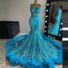 Glitter Blue Sexy Sheer Top Sparkly Sequin Feathers Prom Dress