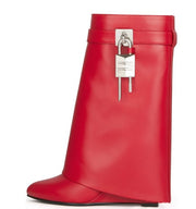 Fold Designer Wedge Heeled High Heel Boots Women Pointed Toe Shark Lock Height Increased Short Boots
