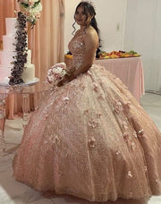 Sparkly Princess Floral  Strapless Sweetheart Quinceanera Dress